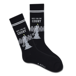Black socks with 'See You in Court' text and statue design on a white background
