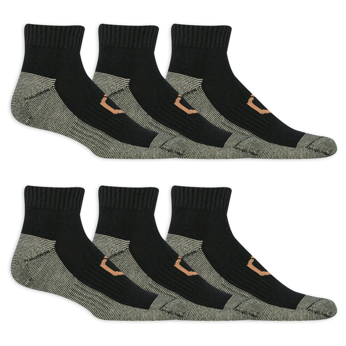 Six pairs of black and gray socks with a brand logo on a white background