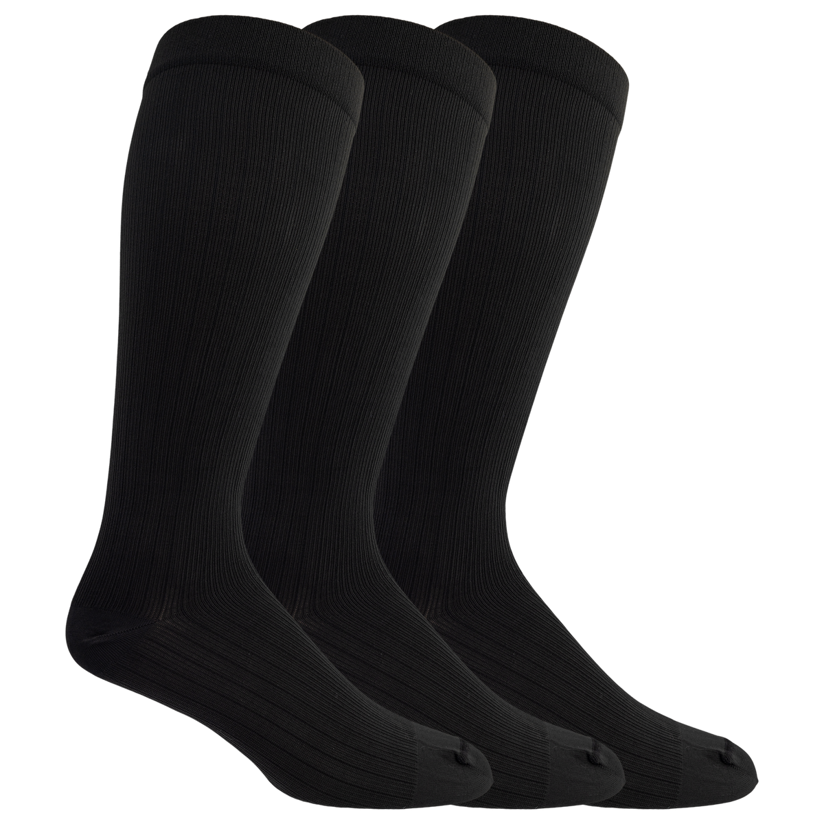 Three black knee-high socks on a white background