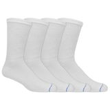 Four pairs of white crew socks arranged in a row, showing a textured knit pattern and a small blue stripe detail near the toes, on a solid white background. thumbnail