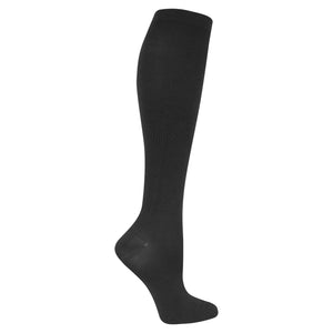 A pair of knee-high graduated compression socks for women, in black color, showcasing the side profile with the foot area visible.