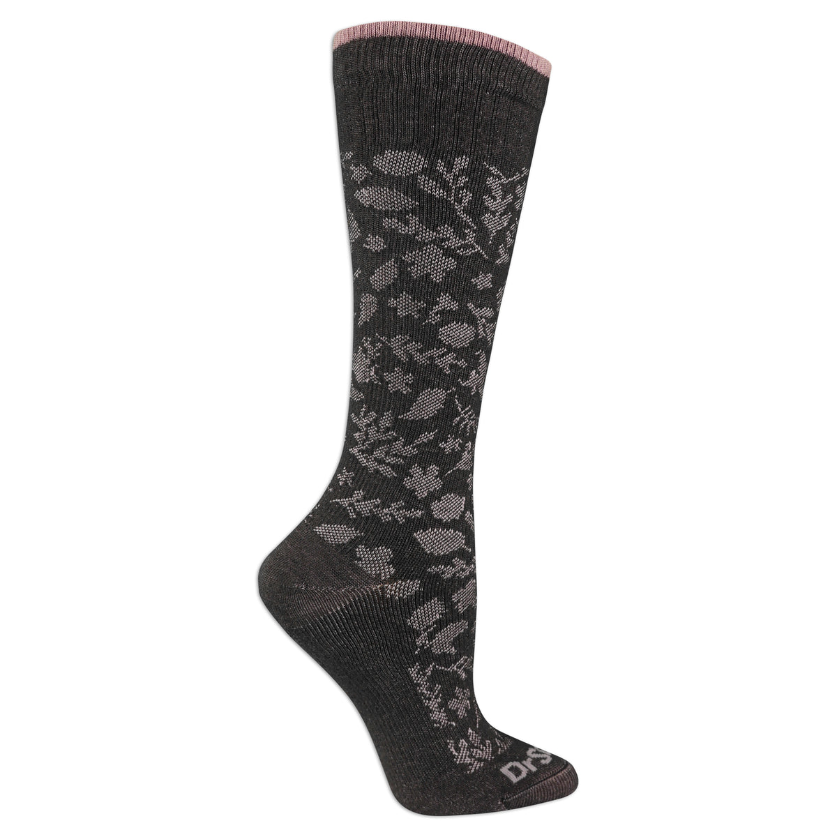Black compression sock with floral pattern on a white background