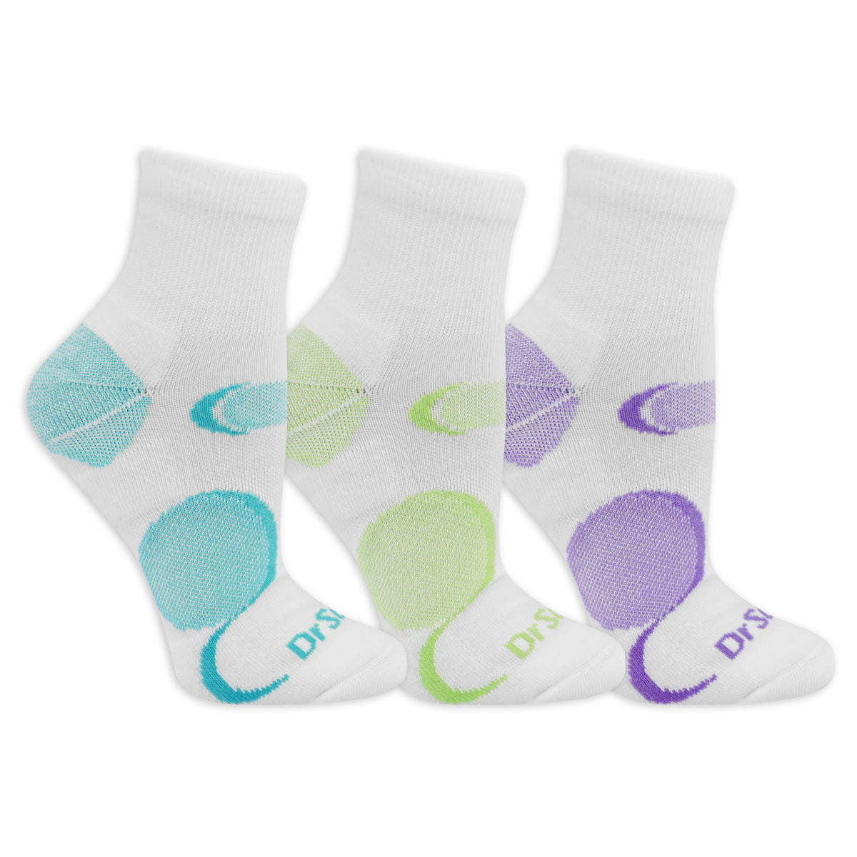 Three pairs of white women's socks with patterned toes on a white background