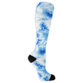 Dr. Scholl's women's compression socks featuring a blue and white tie dye pattern and black accents at the heel and toe.