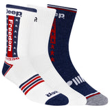 A pack of three pair of Jeep men's crew socks with an Americana design, featuring red, white, and blue colors and Jeep branding. thumbnail