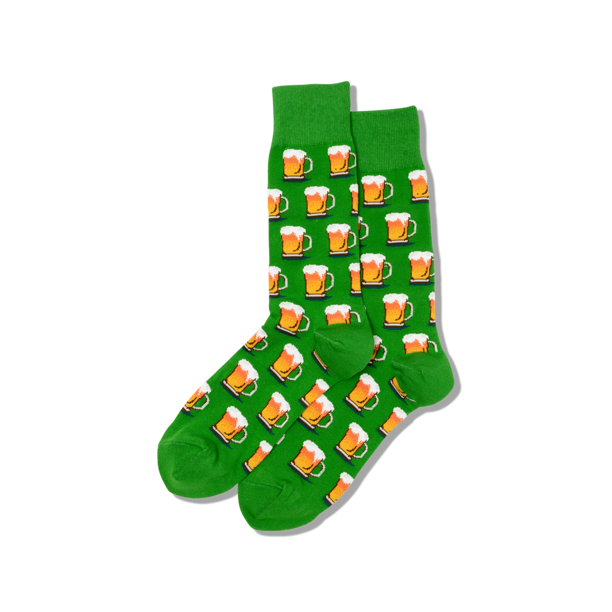 Green socks with beer mug pattern on a white background