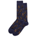 Navy blue socks with brown cowboy boot pattern on a white background