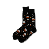 A pair of men's crew socks with a design that includes cognac glasses and cigars on a black background. thumbnail