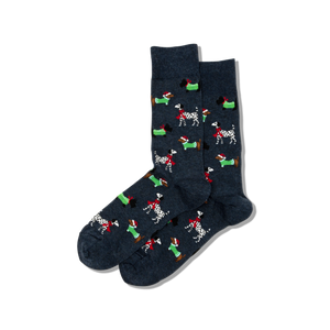 Pair of dark blue socks with dog pattern on a white background