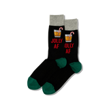 Black socks with red text and candy cane designs on a white background