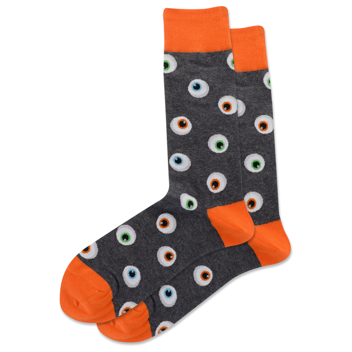 A pair of men's crew socks with a pattern of glowing eyeballs on a dark background and orange trim.