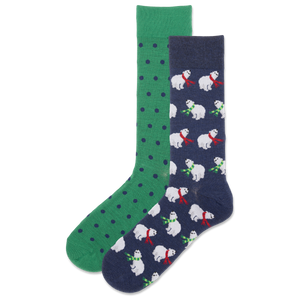 Two pairs of socks, one green with polka dots and the other navy with polar bear patterns, on a white background.