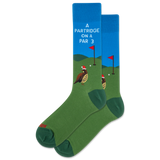 Green and blue sock with golf-themed design and text on a white background