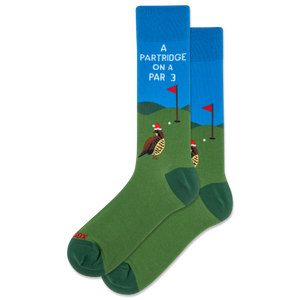 Green and blue sock with golf-themed design and text on a white background