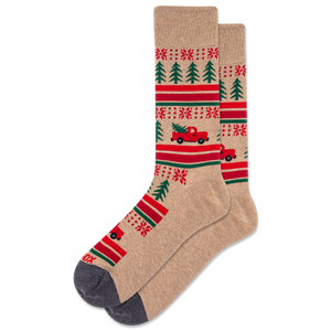 Beige sock with red truck and green tree pattern on a white background