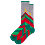 Colorful striped socks with a Christmas tree design on a white background thumbnail