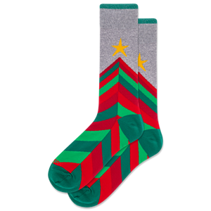 Colorful striped socks with a Christmas tree design on a white background