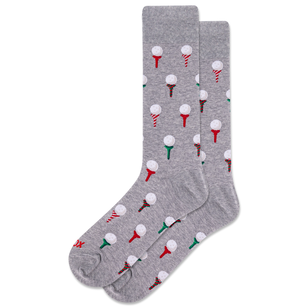 Gray socks with golf tee and ball pattern on a white background