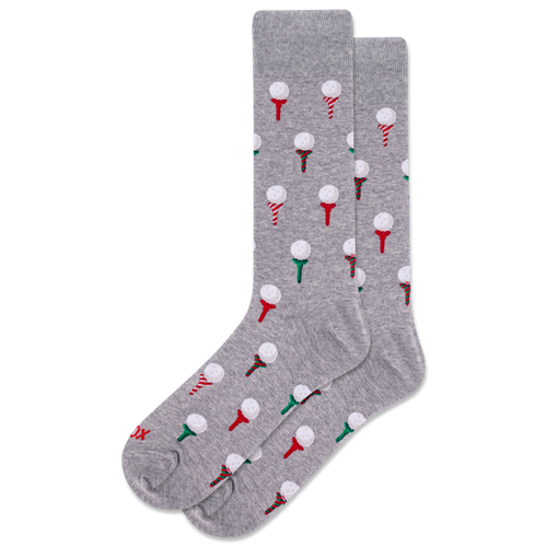 Gray socks with golf tee and ball pattern on a white background