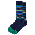 Navy blue socks with colorful patterns on a white background
