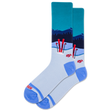 Men's blue socks featuring a snowy landscape and red skiis.