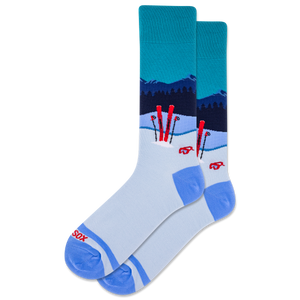 Men's blue socks featuring a snowy landscape and red skiis.