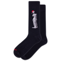 Black socks with a statue and Santa hat design on a white background