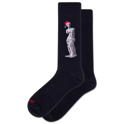 Black socks with a statue and Santa hat design on a white background