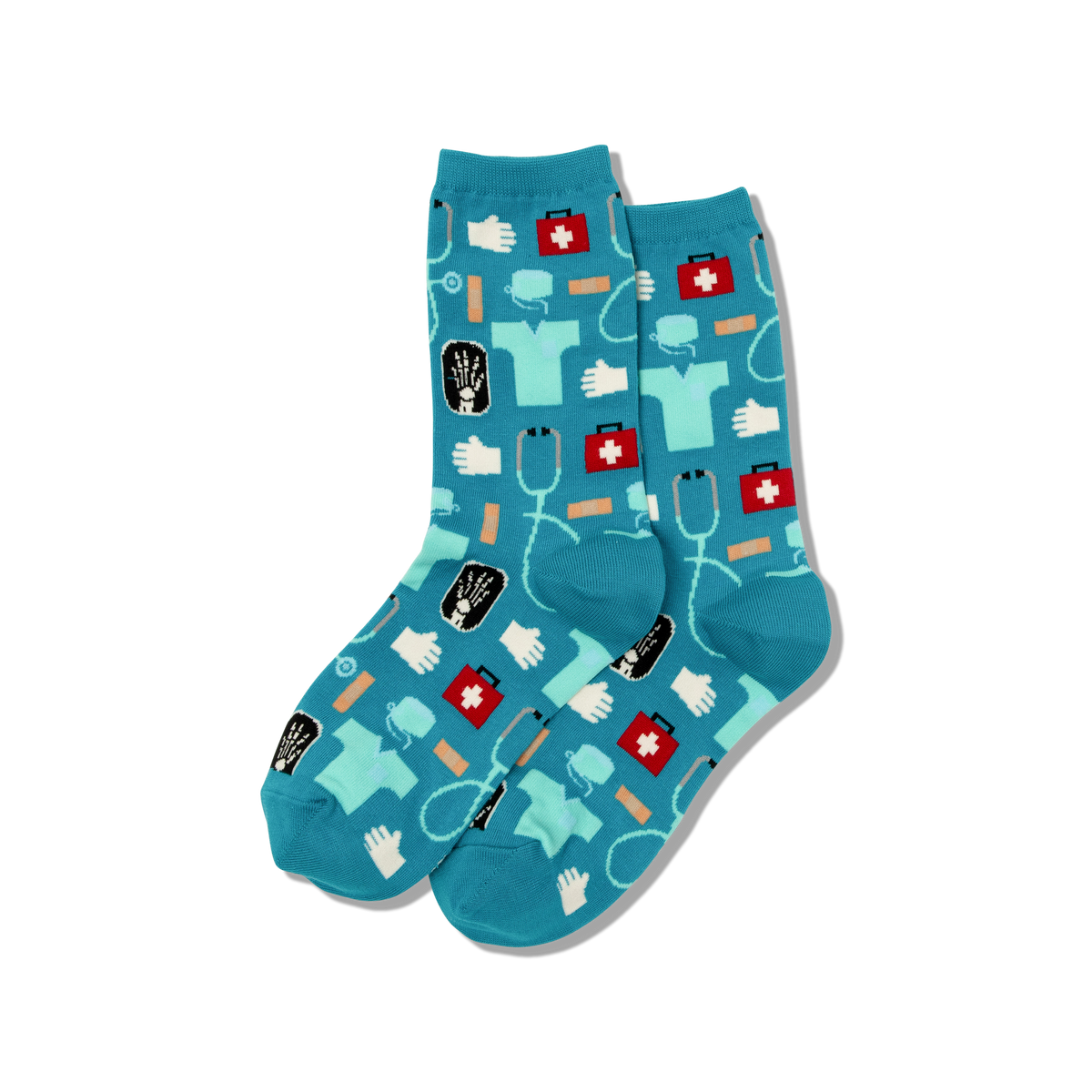 Teal socks with medical-themed pattern on a white background