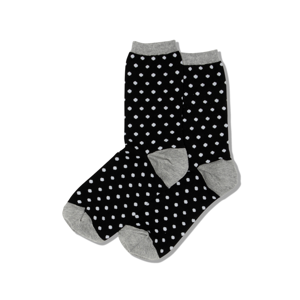 HOTSOX women's black and white polka dot socks with gray accents at the top cuff, heel and toe.