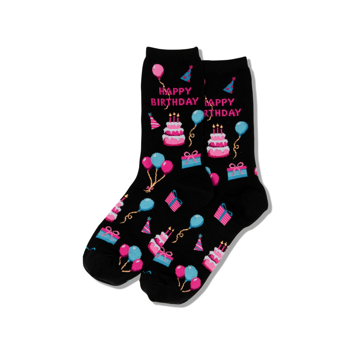 Black socks with birthday-themed designs on a white background