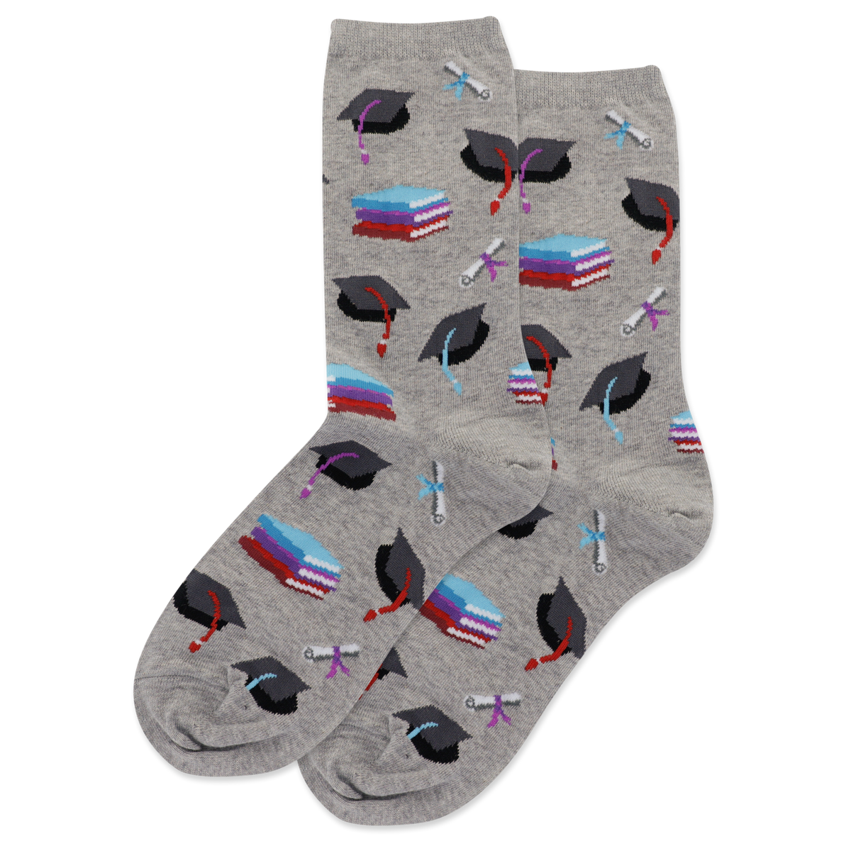 Gray socks with graduation-themed design on a white background