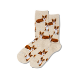 Beige socks with corgi dog pattern on a white background thumbnail