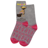 A pair of blue crew socks with a festive design featuring a chihuahua wearing a sombrero and the text 'LET'S FIESTA' on the cuff.