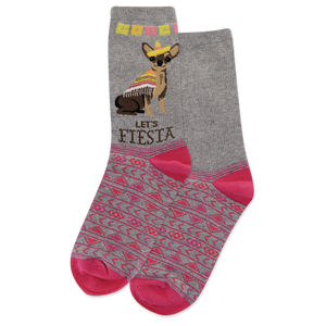 A pair of blue crew socks with a festive design featuring a chihuahua wearing a sombrero and the text 'LET'S FIESTA' on the cuff.