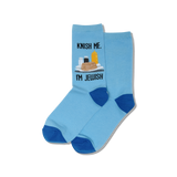 Blue socks with a graphic and text on a white background thumbnail