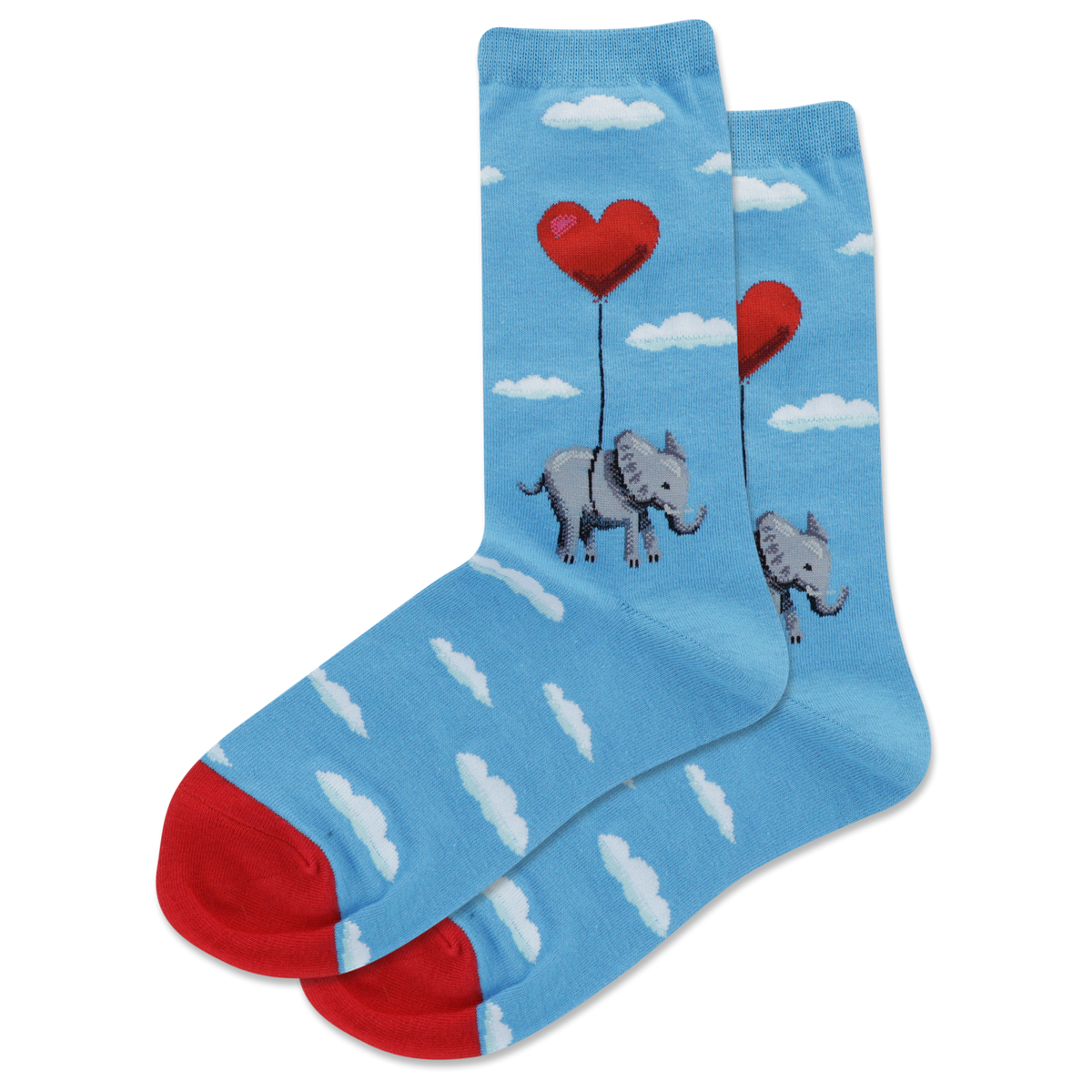 A pair of blue crew socks with a pattern of white clouds, an elephant, and a heart-shaped balloon.