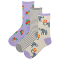Three pairs of socks with elephant and floral patterns on a white background