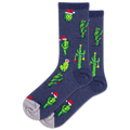 Navy blue socks with green cactus designs and red Santa hats on a white background