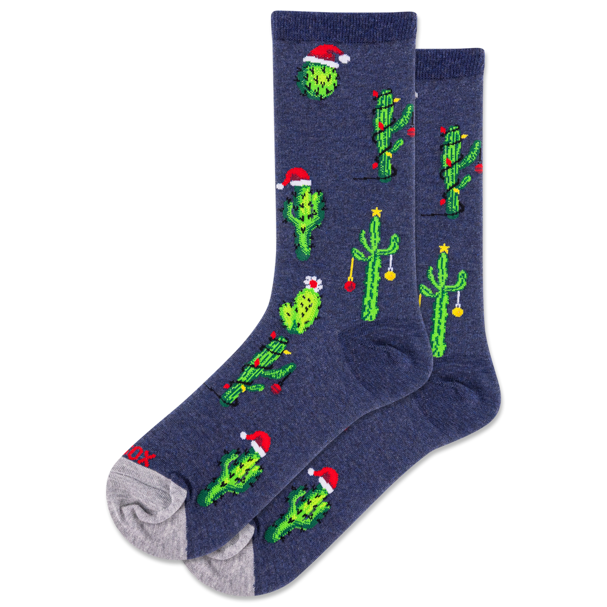 Navy blue socks with green cactus designs and red Santa hats on a white background