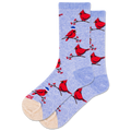 Light blue socks with red cardinal bird pattern on a white background