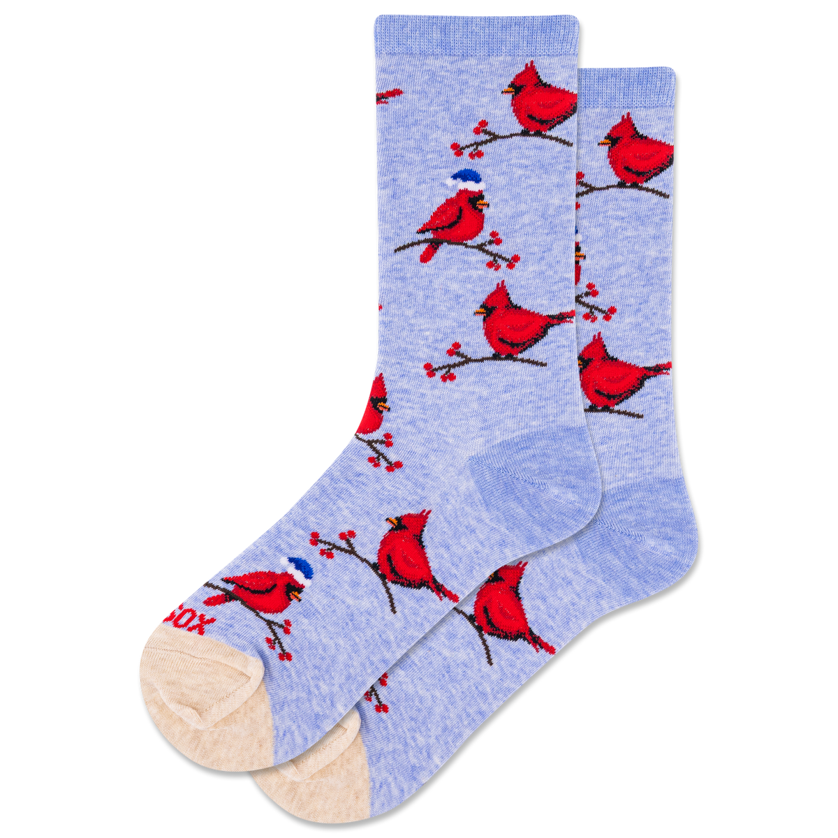 Light blue socks with red cardinal bird pattern on a white background