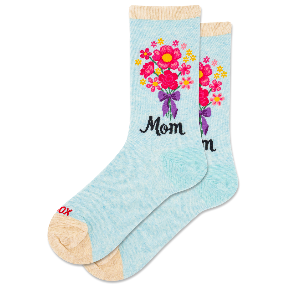 Light blue socks with floral design and 'Mom' text on a white background