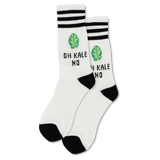 White socks with black stripes and a green kale leaf with the phrase "OH KALE NO" on a white background thumbnail