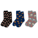 Three pairs of socks with different food patterns on a white background thumbnail