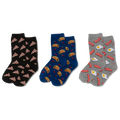 Three pairs of socks with different food patterns on a white background