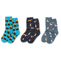 HOTSOX kids sock three pair pack featuring various patterns of different dogs, including dachshunds, basset hounds, bedlington terriers, English bulldogs and rottweilers.