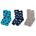 Three pairs of socks with different food patterns on a white background