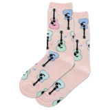 Pink socks with guitar pattern on a white background thumbnail