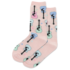 Pink socks with guitar pattern on a white background
